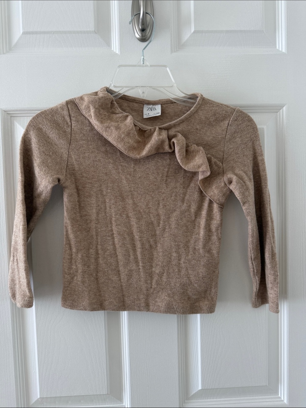 Zara Taupe Ruffle-Accent Crewneck Sweater